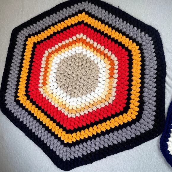 3 Handmade Multi-Color Brown Green Crochet Hexagon Afghan Area Chair Rugs - Picture 4 of 7